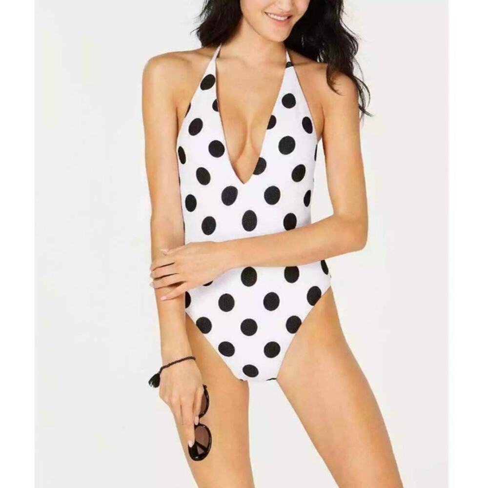 Bar III This and Polka Dot White Plunging One-Piece Swimsuit Large Halter New